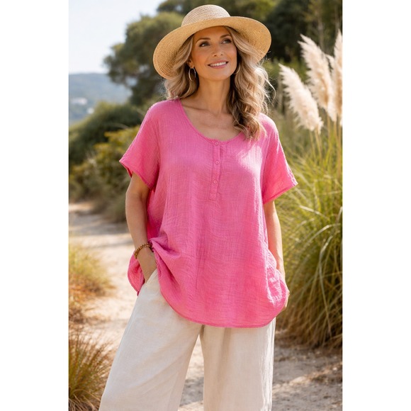 Flax Tops - FLAX Linen Tunic Top 1G Lagenlook Oversized Organic Pink Relaxed Boho Minimalist